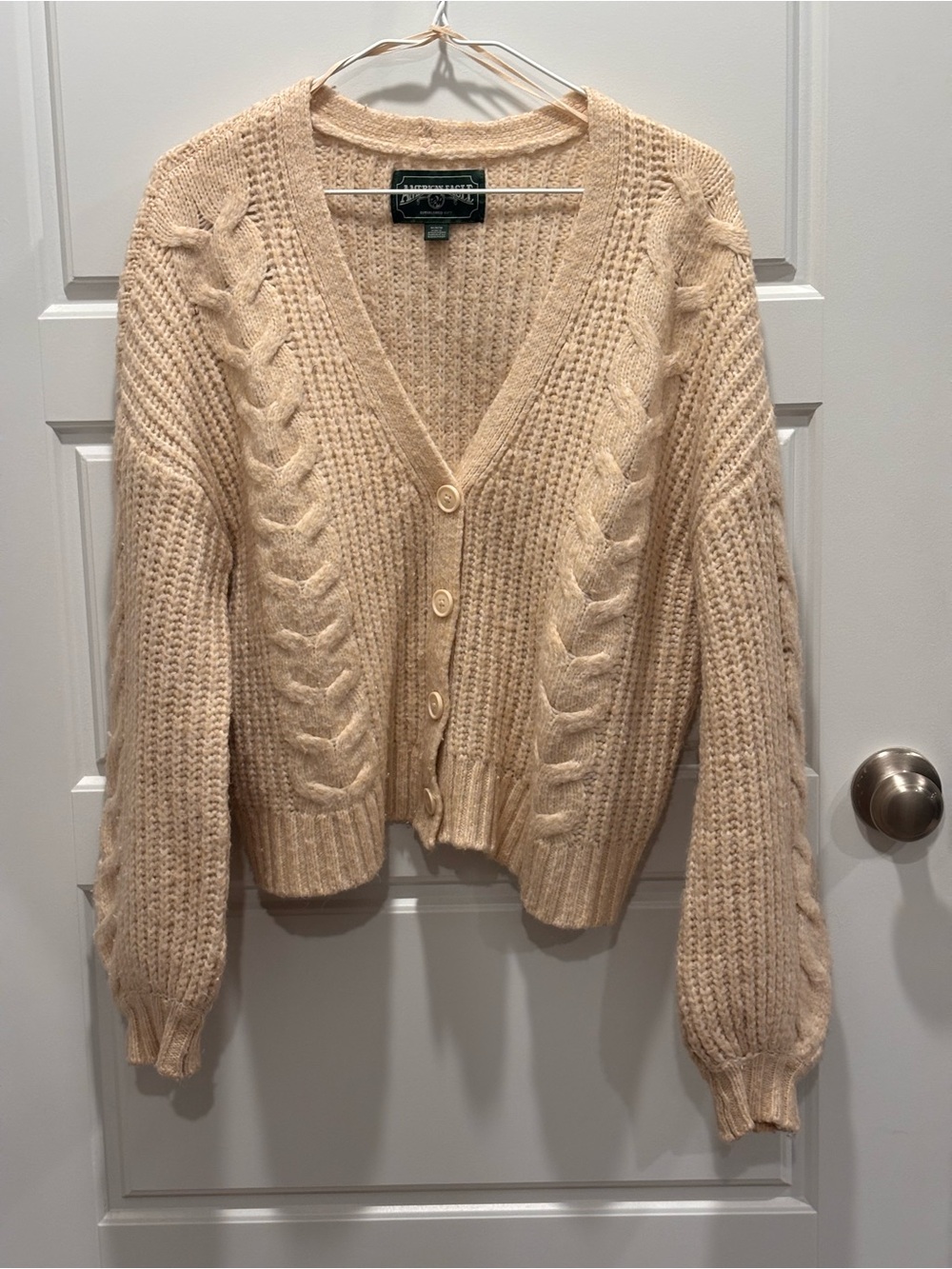 American Eagle Outfitters Cream Cable Knit Button-Front Cardigan